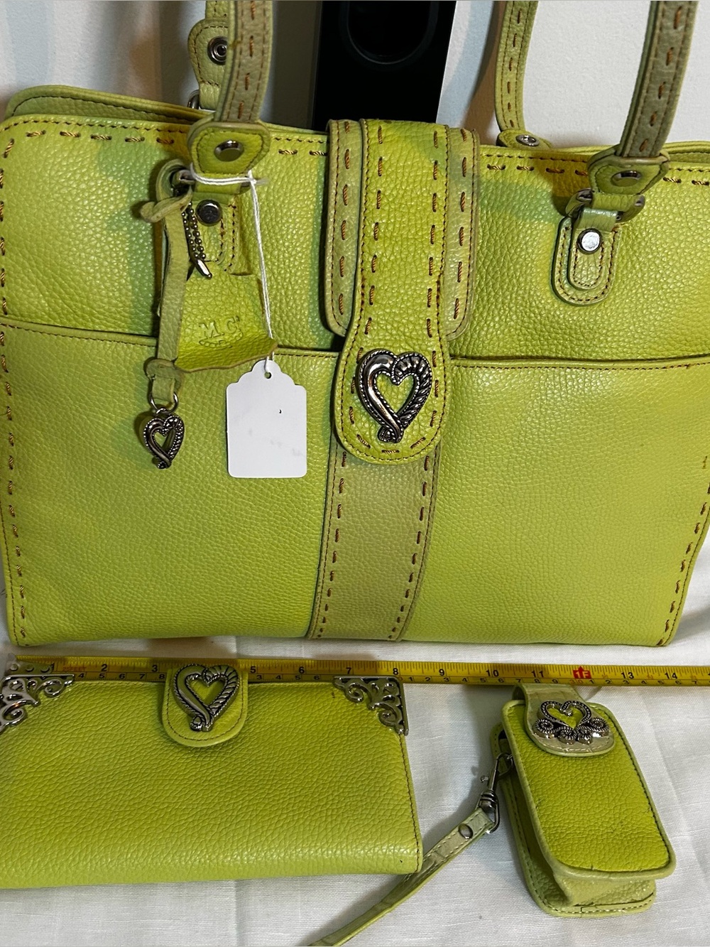 Vintage M.C. Marc Chantal Lime Green Leather Shoulder Bag Purse 3pc Set Flawed